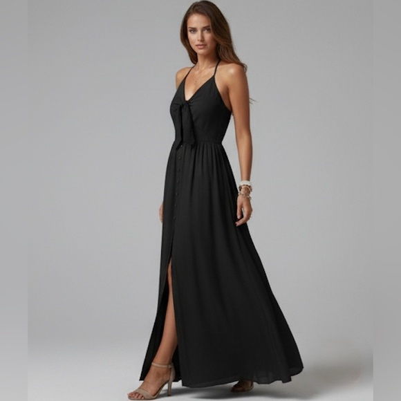Boho Black Knot Front Tie Back Maxi Halter Dress - Picture 6 of 8